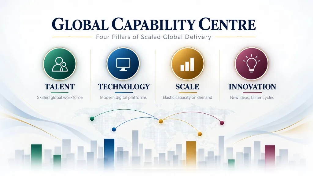 Four pillars of a Global Capability Centre: talent, technology, scale, and innovation
