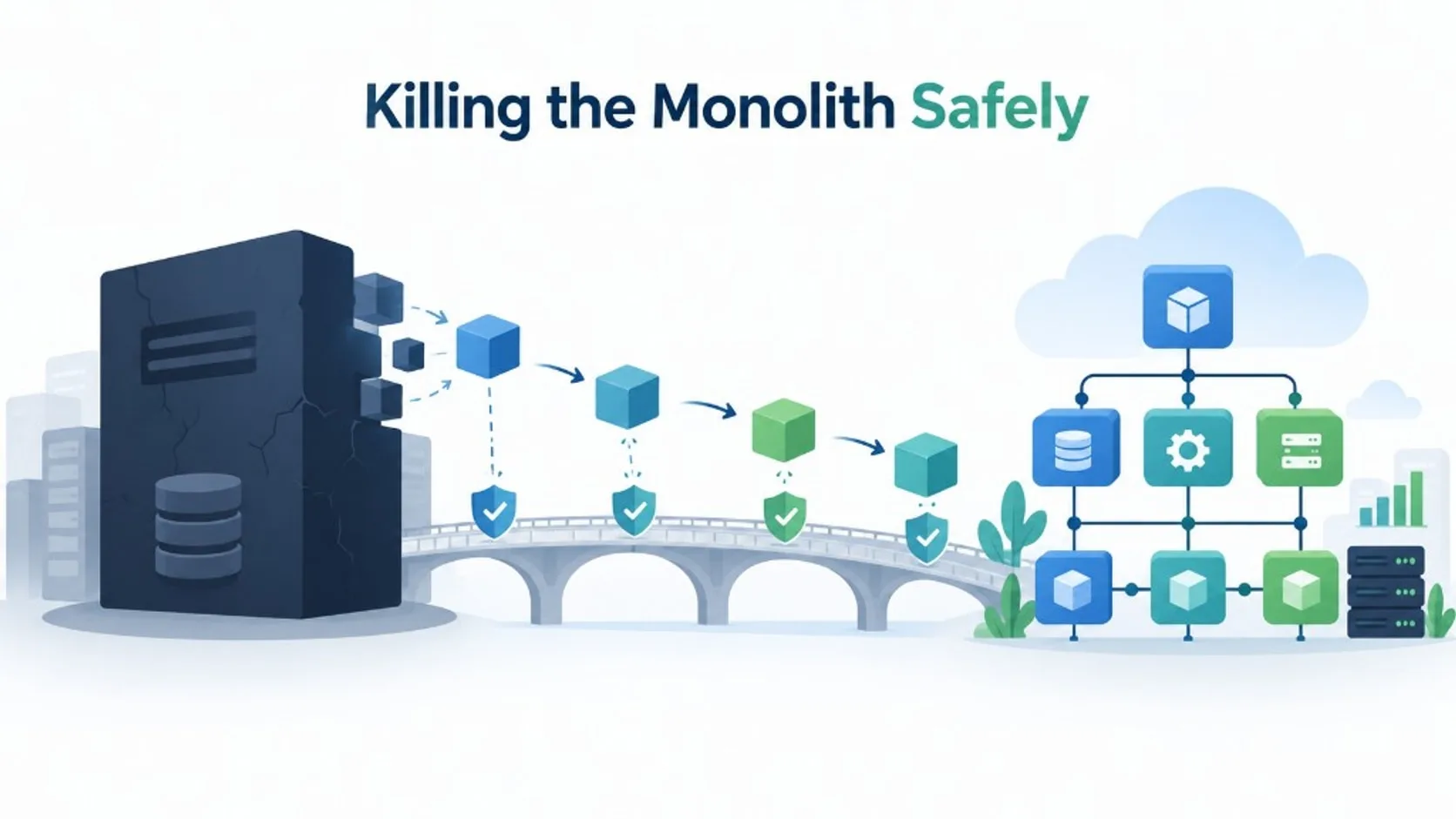 Illustration of incrementally breaking a monolith into a safer, modular architecture