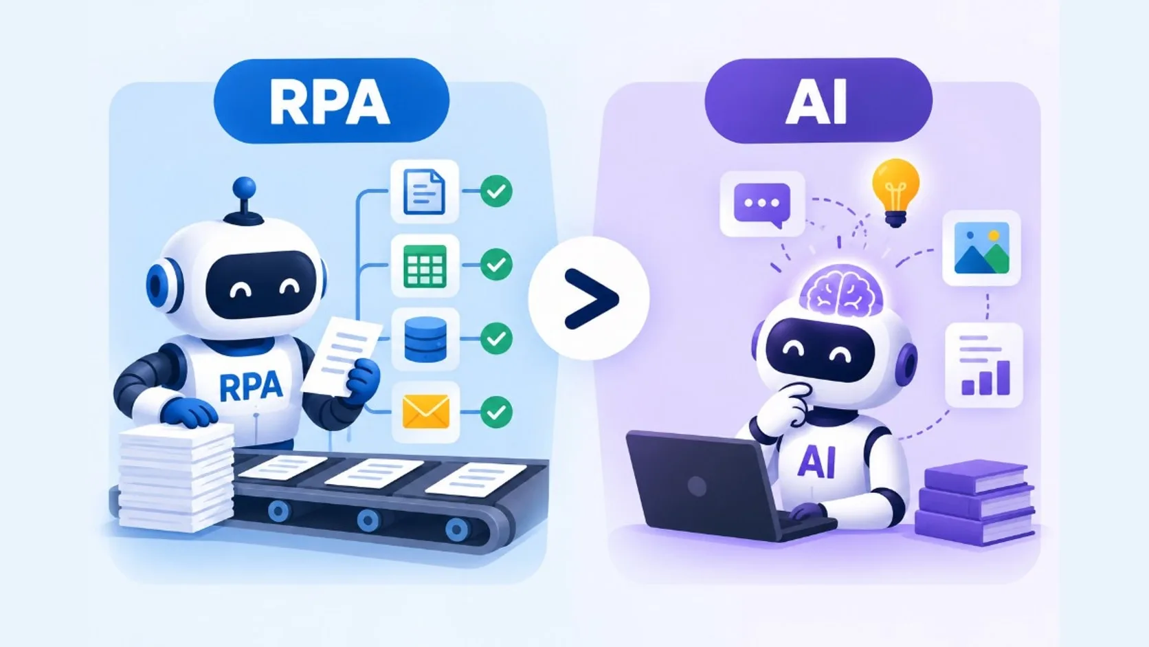 Comparison of rule-based RPA automation versus AI
