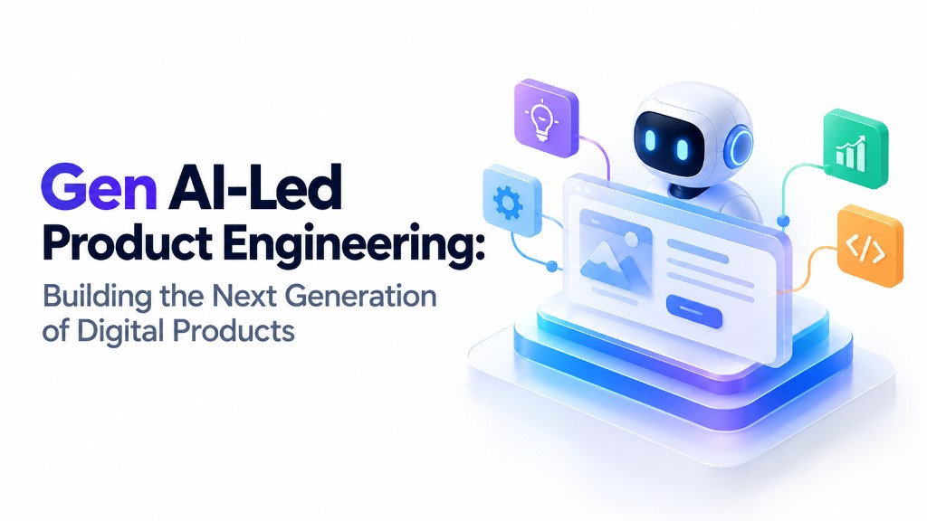 AI robot at a workstation surrounded by product, cloud, security and analytics icons representing Gen AI-led product engineering