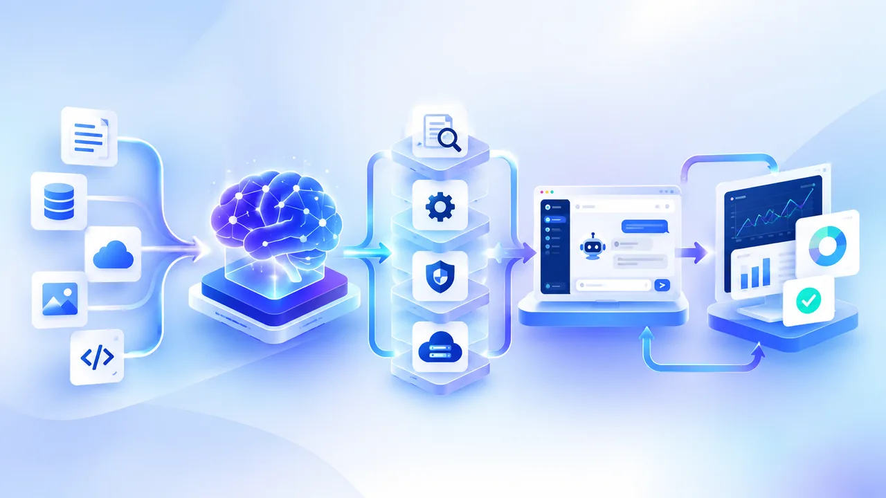 Illustration of data sources flowing through an AI model into a chatbot and analytics dashboard